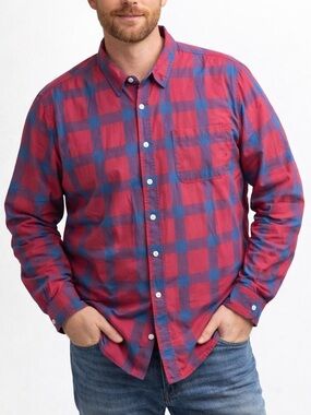 Roebuck & Co Men’s XXL Red Blue Plaid Button Down Shirt Western Preppy Casual